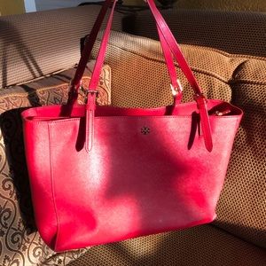 Tory Burch Large York Buckle Red Leather Tote